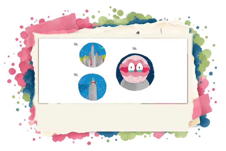 Clam sits on a rock as a whale shark circles nearby in one panel, while another panel shows Clam alone on a tall rock and a third is a close-up of Clam with watery eyes.