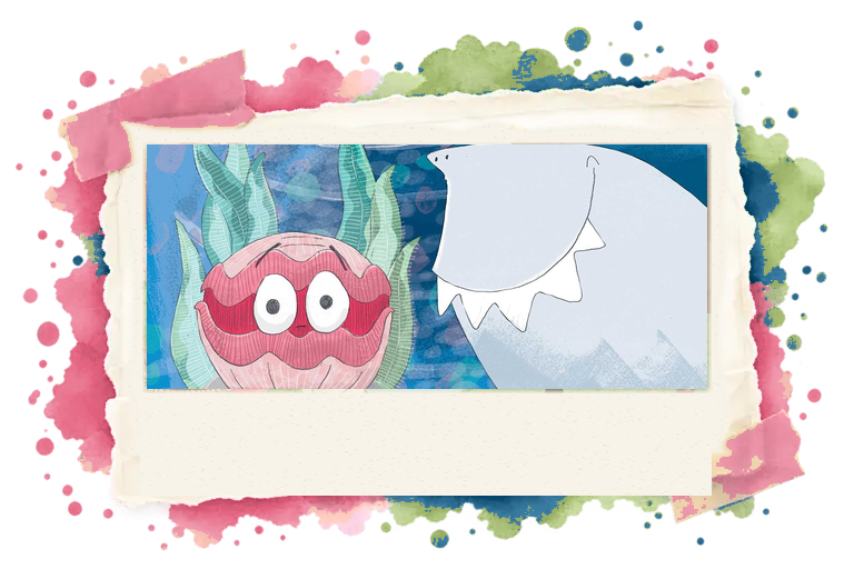 Clam sits on a rock while Shark leans in close beside him in a bright blue underwater scene.