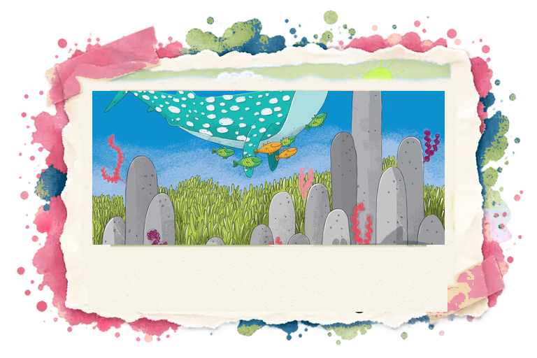 Clam sits high on a rock among sea grass while a spotted whale shark swims by in the background.