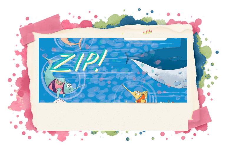 A fast underwater race scene with Shark swimming past, Clam watching, and the word ZIP across the page.