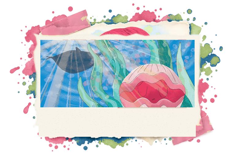 Clam sits sadly among seaweed while a speech bubble reads “Can Clam go? Clam says, “No.”” and a shark shadow looms above.