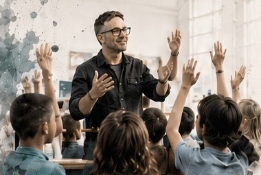 Adam speaking with students during a school visit