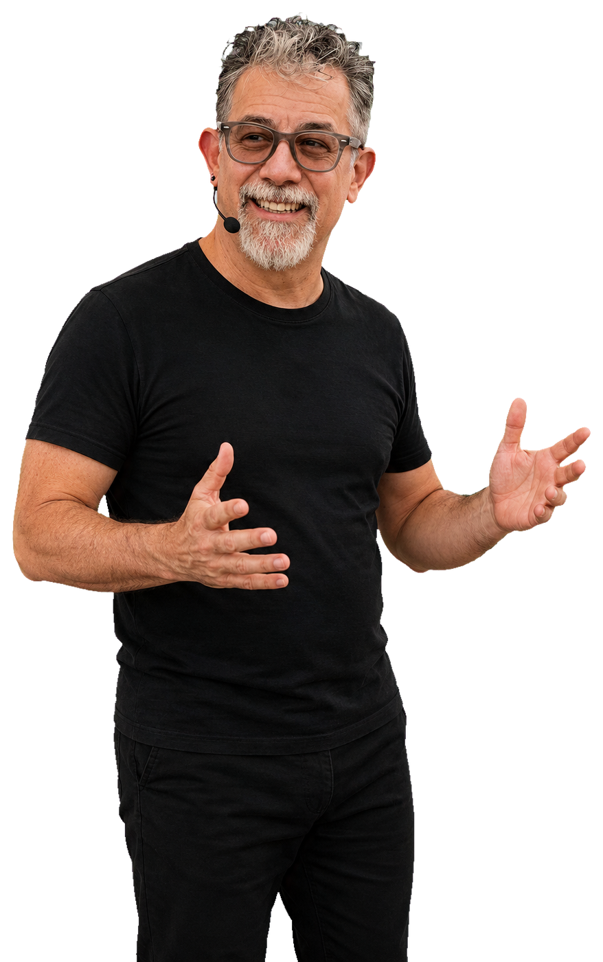 Generated placement image representing Adam speaking during a school visit.