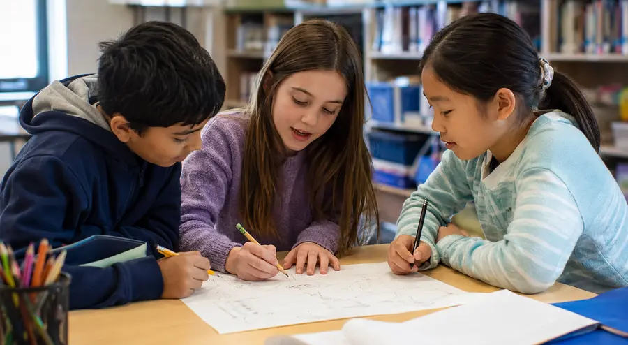 Generated placement image of elementary students developing ideas together.