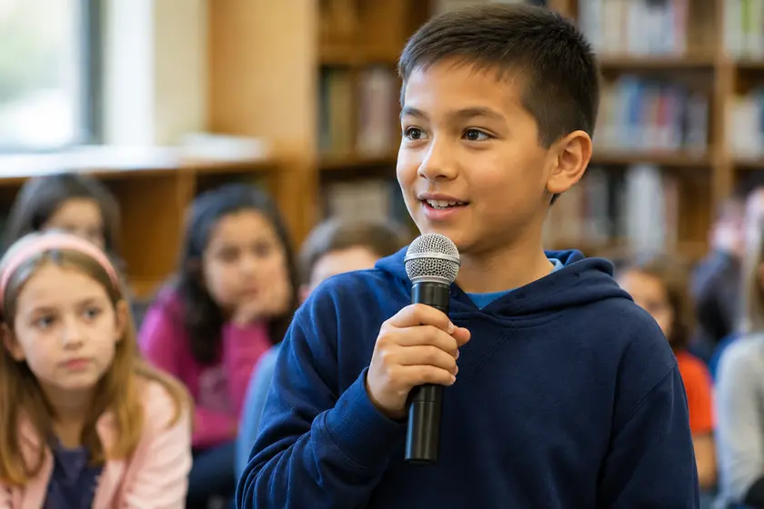 Generated placement image of an elementary student speaking into a microphone.