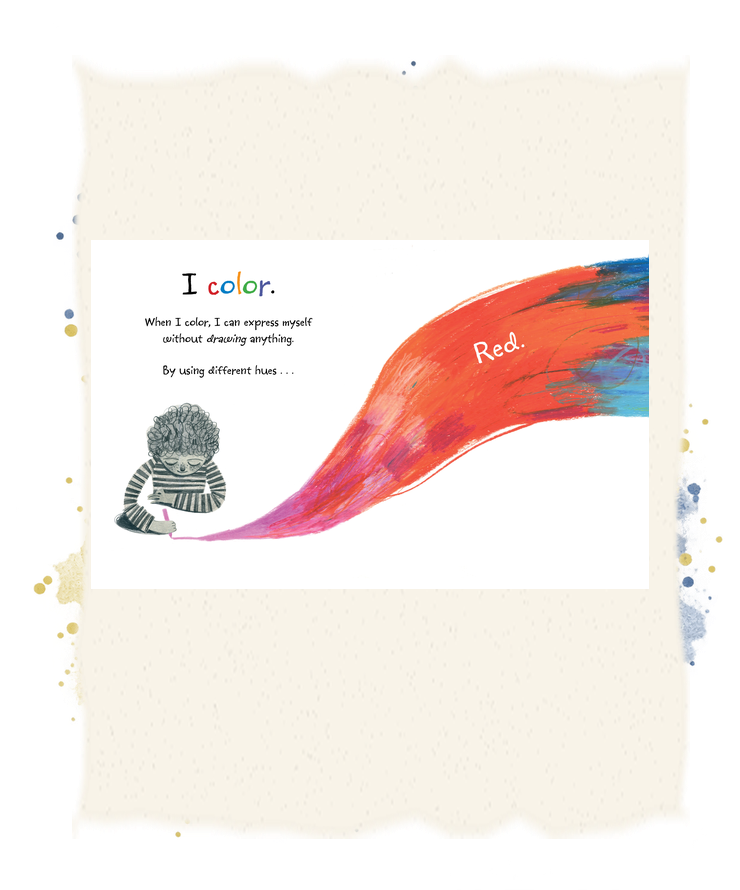 A child colors beside a sweeping red brushstroke, explaining that different hues help express feelings.