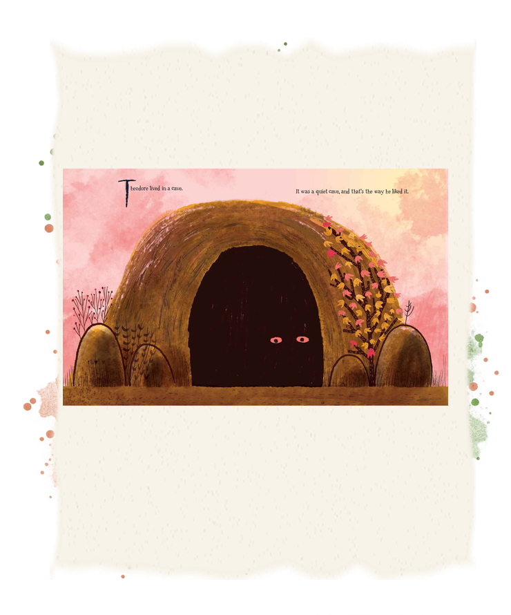 Theodore’s eyes peer from a dark cave beneath a warm pink sky.