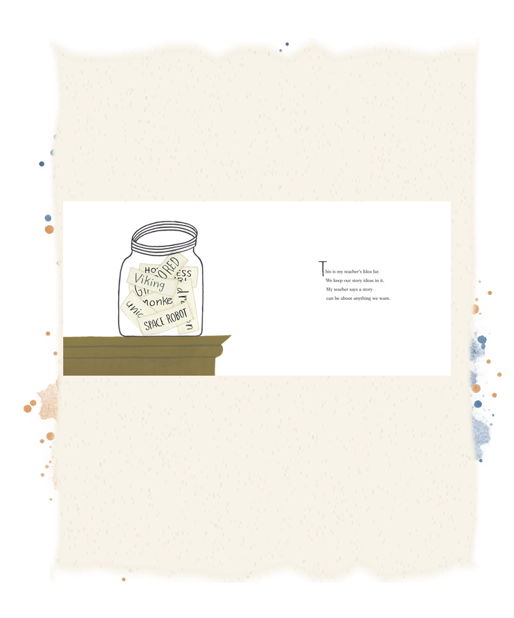 A jar on a classroom table holds slips naming a Viking, princess, monkey, horse, robot and more.