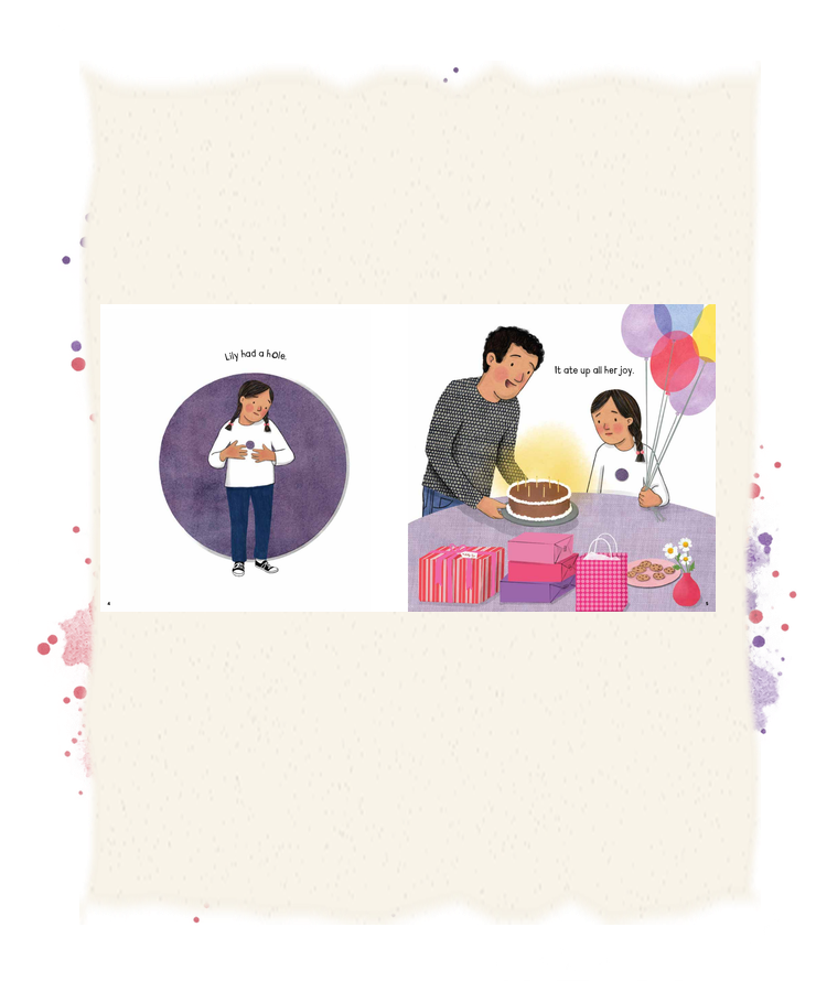 Lily stands with a purple hole on her shirt, then sits beside Daddy and a birthday cake, surrounded by balloons.