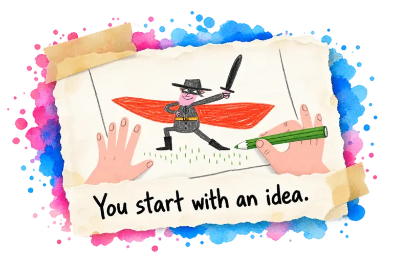A child draws a masked character with a pencil.