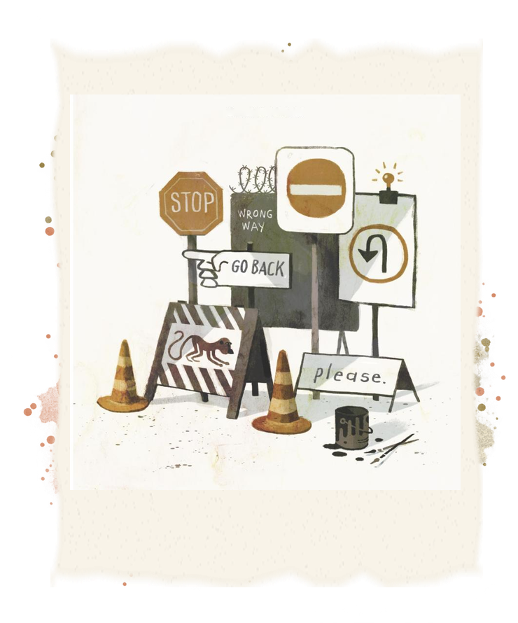 A cluster of stop, wrong-way, go-back, and U-turn signs surrounds a monkey warning and traffic cones.