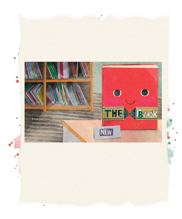 Opening spread: a cheerful red Book stands on a library display beside shelves of books.