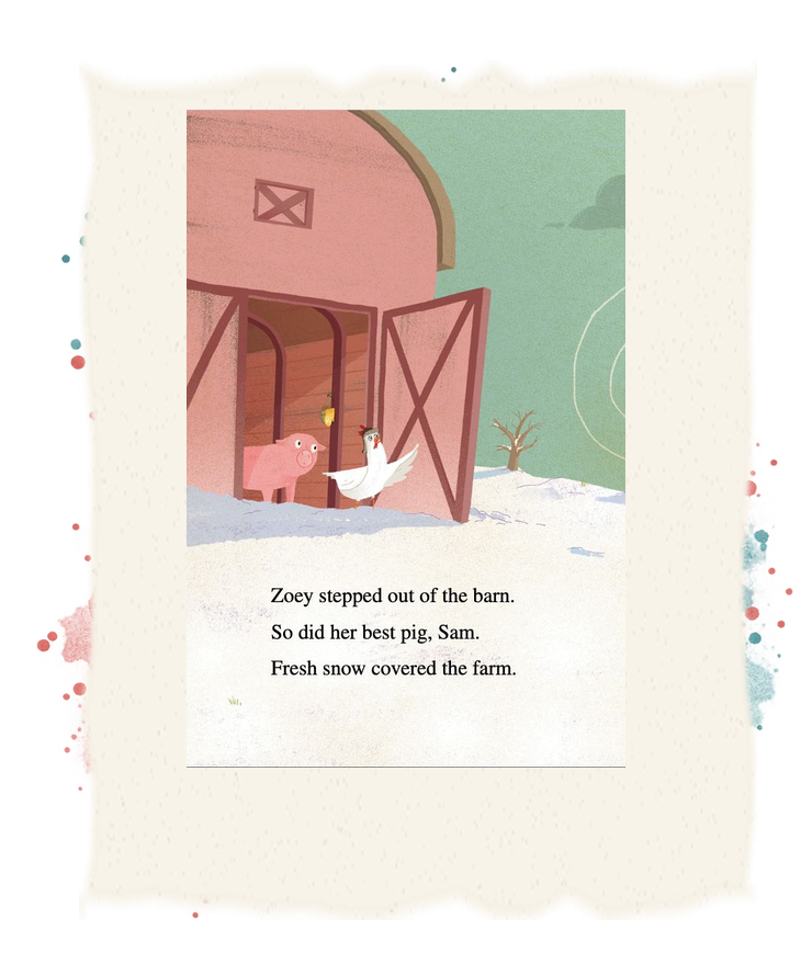 Zoey the chicken and Sam the pig step out of the barn onto their snow-covered farm.