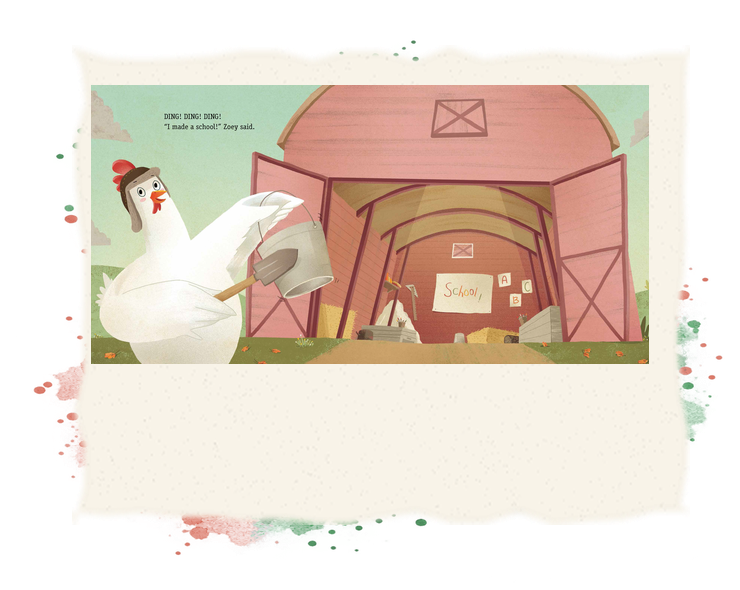 Zoey the chicken prepares a classroom in the barn while her farm friends look on.