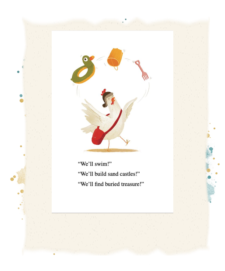Zoey tosses a duck-shaped swim ring, bucket, and rake in the air as she plans swimming, sand castles, and treasure.