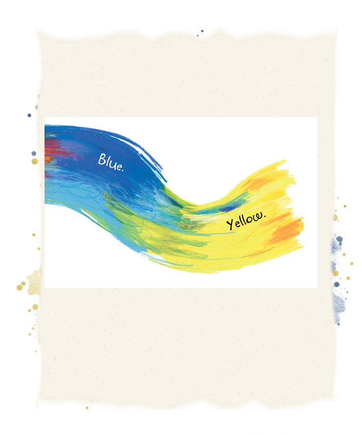 A broad blue brushstroke curves across the spread and changes into yellow.
