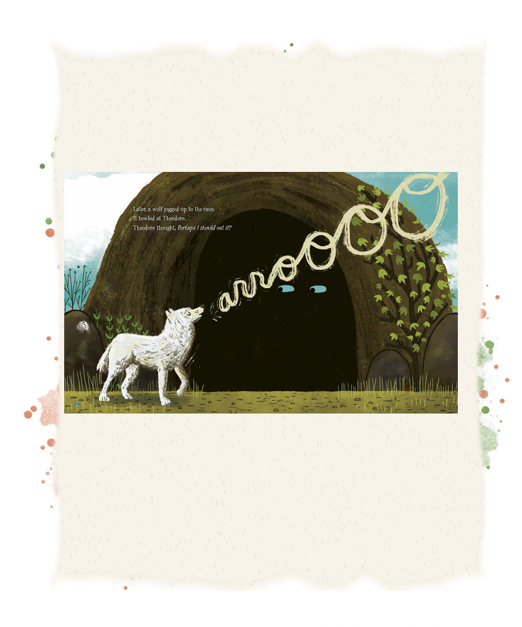 A white wolf howls outside Theodore’s cave as his eyes look toward the sound.