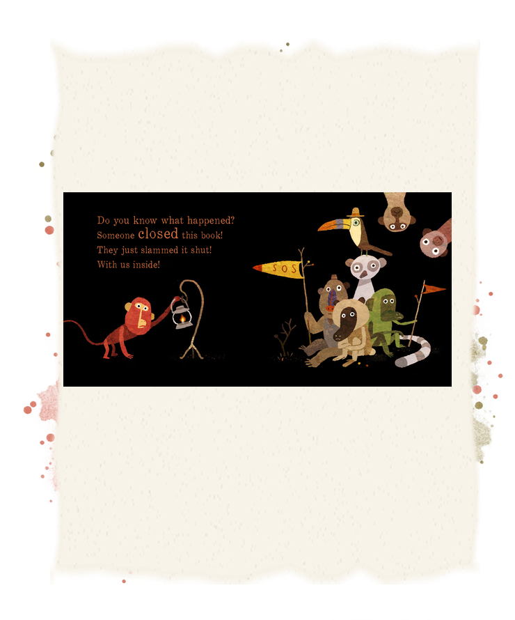 A monkey with a lantern faces a crowded group of monkeys, lemurs and toucans, one holding an SOS flag.