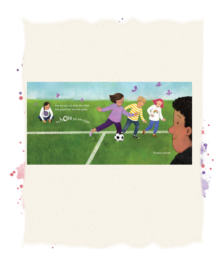 Children play soccer while Lily sits alone; Thomas notices her from the edge of the field.