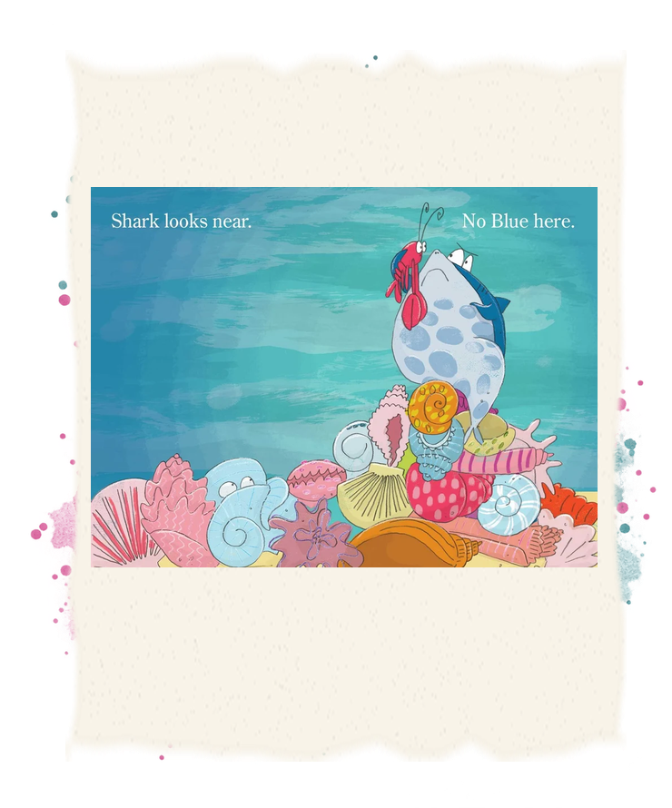 Shark searches above a heap of colorful shells while Blue blends into the blue shells below.