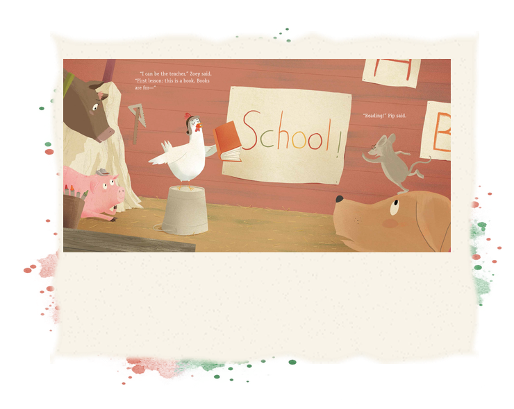 Zoey holds up a school sign in a barn classroom filled with books and animal friends.