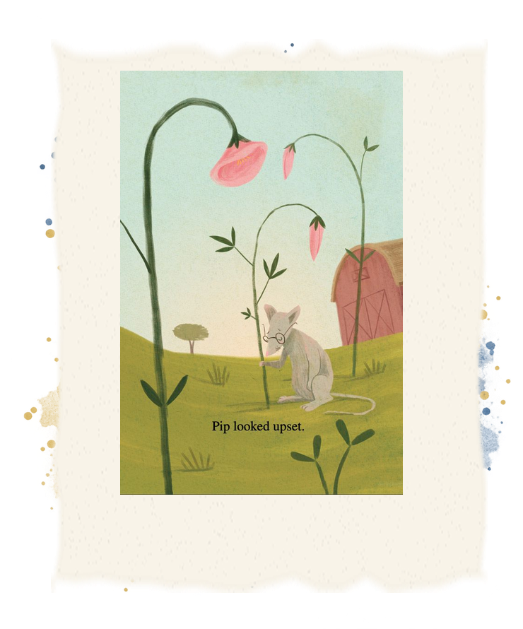Pip the mouse looks upset beside the barn and tall pink flowers.