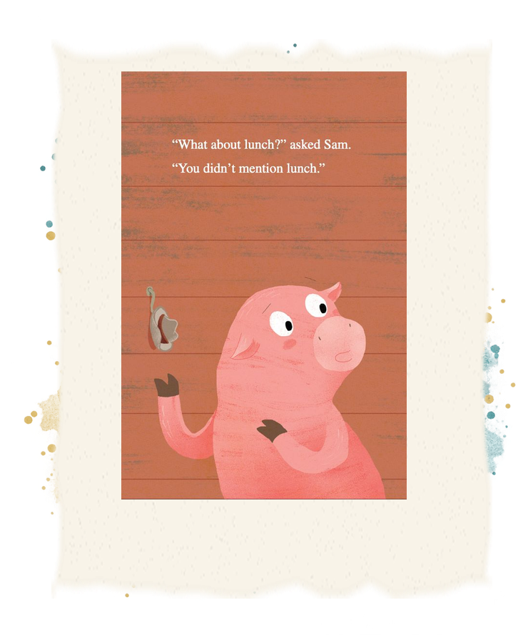 Sam the pig asks whether their vacation will include lunch.