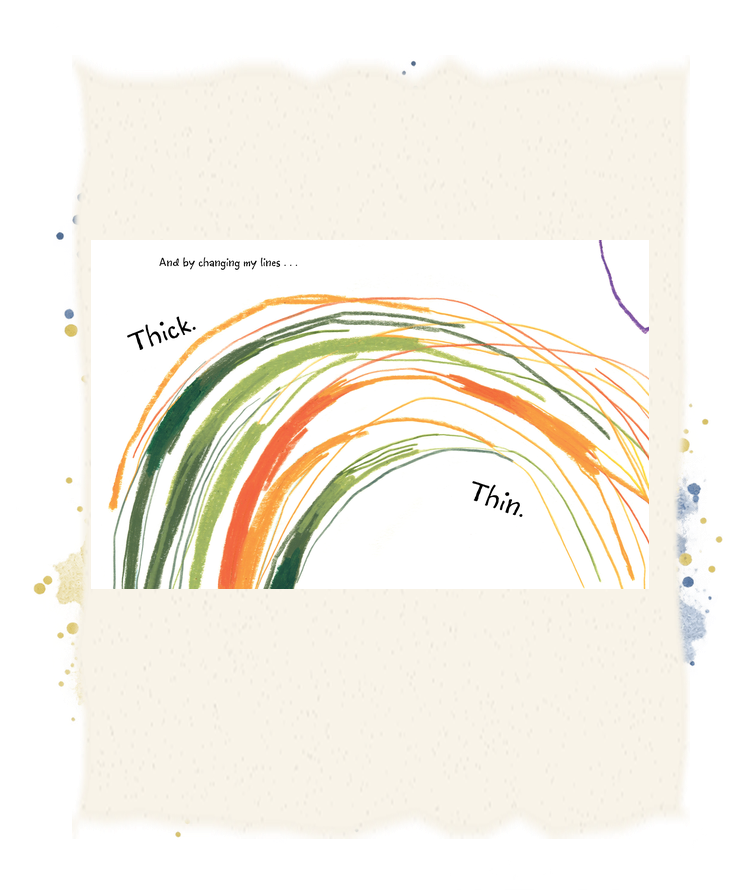 Colored lines arch across the spread, becoming thinner from left to right.