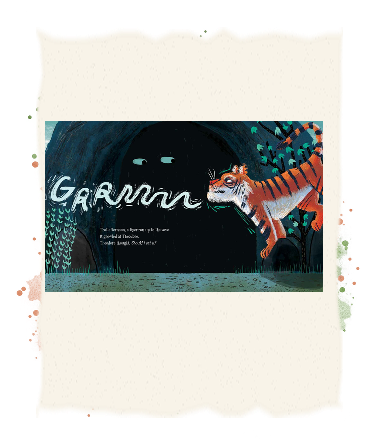 A tiger roars at the entrance of Theodore’s cave, which glows with two watchful eyes.