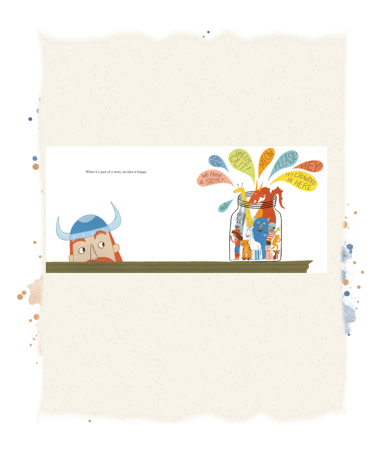 A Viking peeks over a classroom table beside an overflowing jar of creatures and colorful speech bubbles.