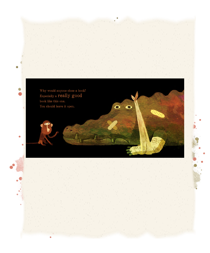 A monkey points to an alligator with a bandaged leg resting in a sling.