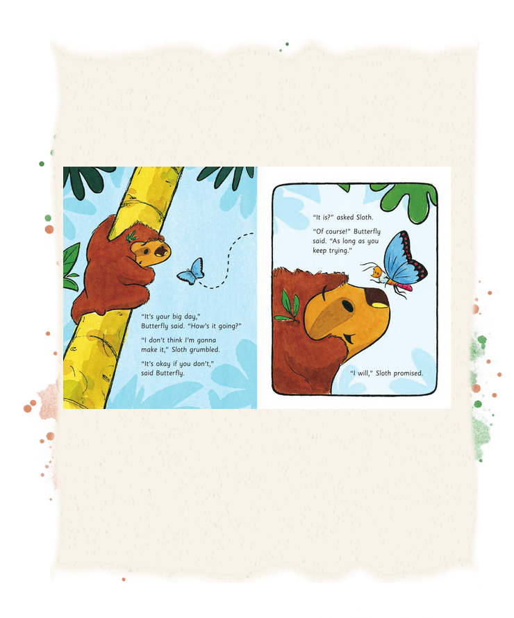 A blue butterfly encourages Sloth to keep trying as he slowly climbs down the tree.