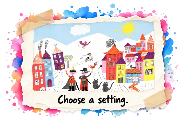 Colorful buildings and characters establish a story setting.