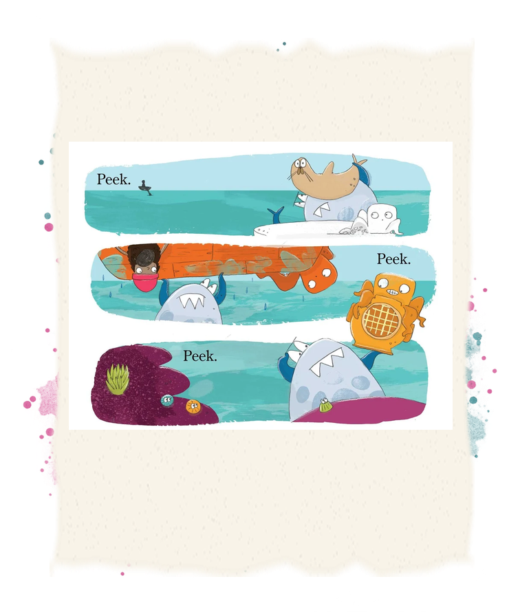 Three panels show Shark peeking around sea creatures and underwater hiding places.