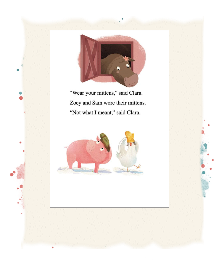 Clara the cow advises the friends to wear mittens, which Zoey and Sam put on their heads.