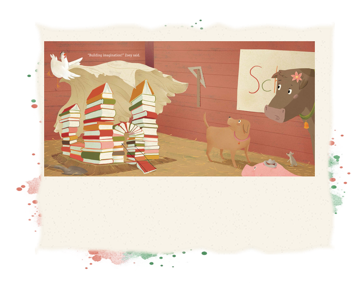 Zoey flies above a castle built from books as her friends discover a new way to build imagination.
