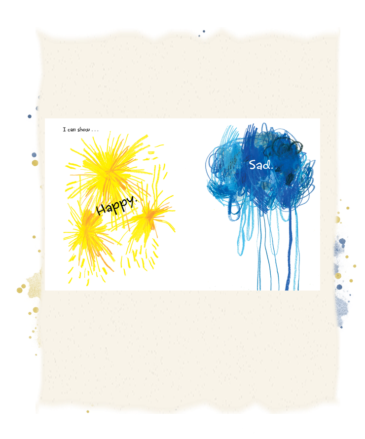 Bright yellow marks radiate with happiness beside a dripping blue circle that expresses sadness.