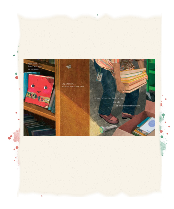 Book waits on a shelf as a reader carries a stack of other books.