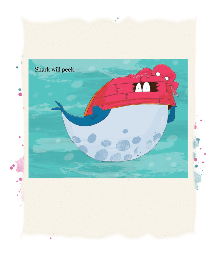 Shark peers through the opening of a red overturned boat worn over his head.