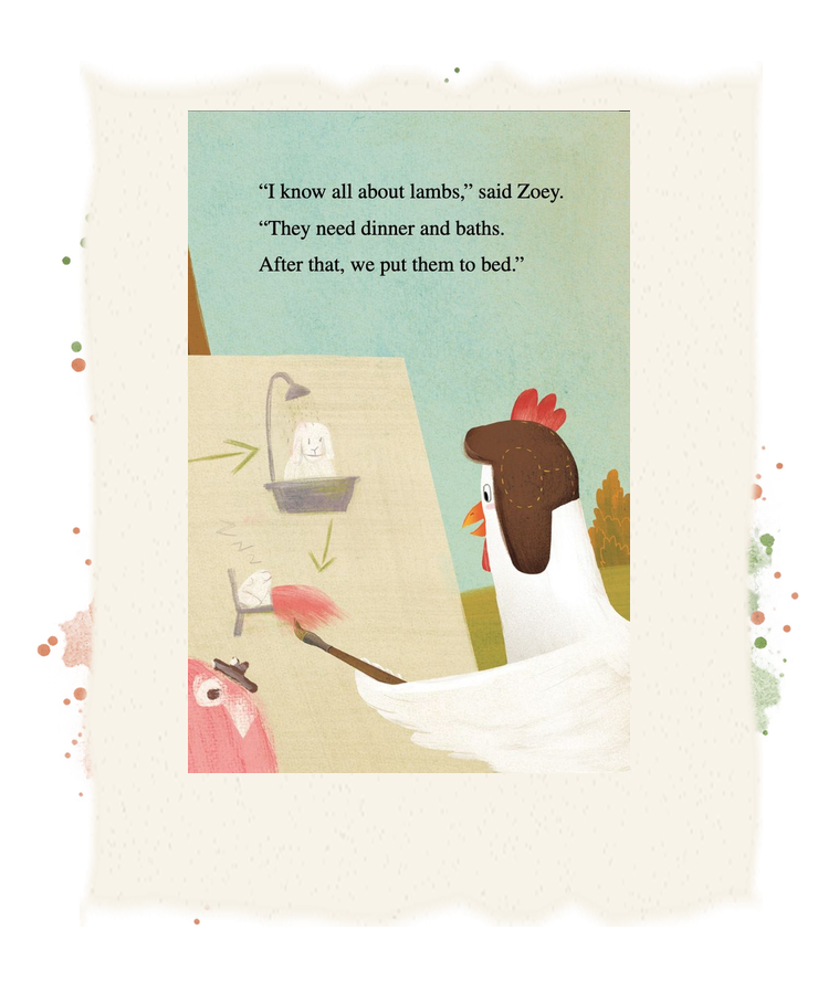 Zoey explains dinner, baths, and bedtime using a painting of the lambs’ routine.