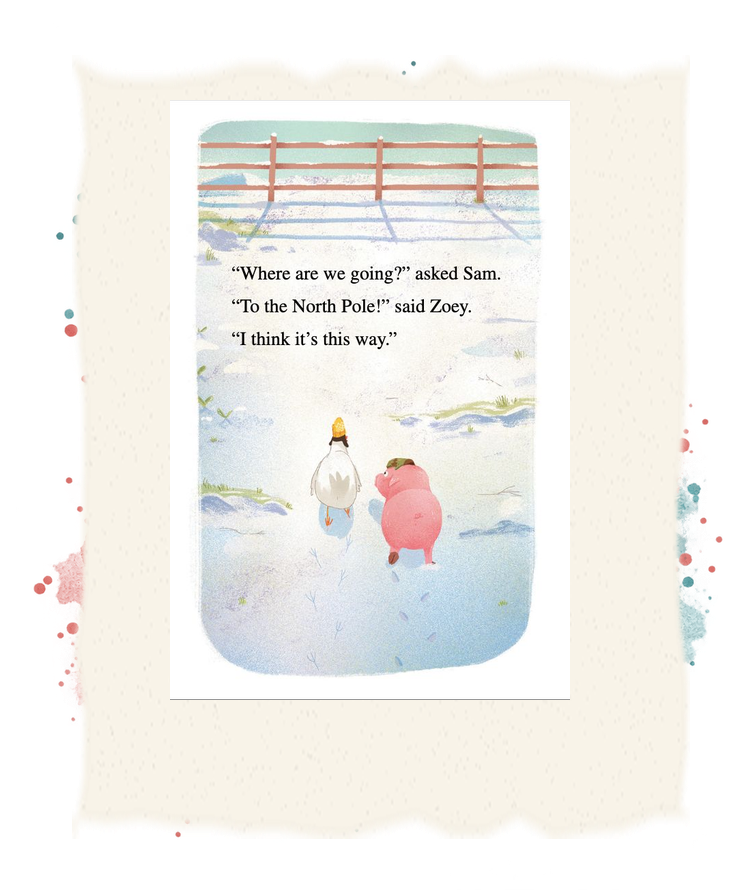 Zoey and Sam cross the snow toward a fence as they decide how to reach the North Pole.