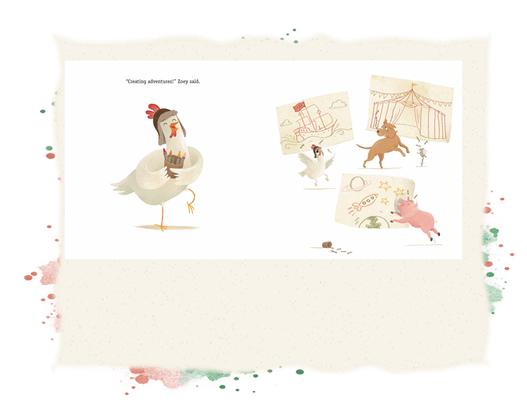Zoey and her farm friends imagine crayon-drawn adventures in space, at a circus, and aboard a pirate ship.