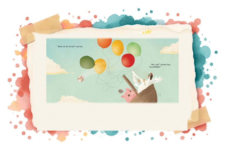 Zoey and Sam fly beneath bright balloons, illustrated by Shahar Kober