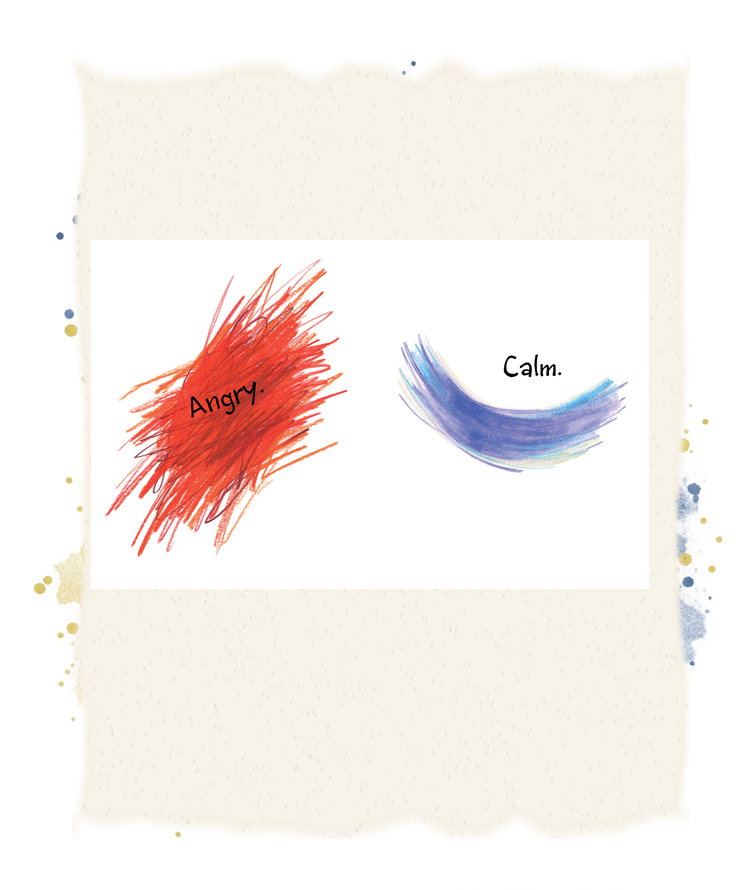 Jagged red marks express anger, while a smooth blue and purple curve expresses calm.