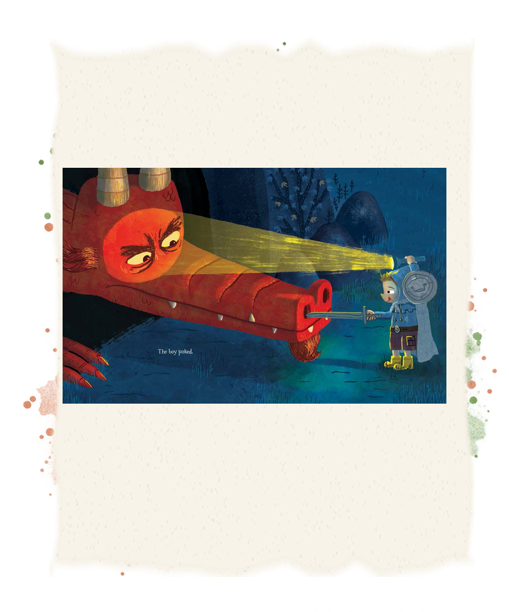 A red dragon faces the boy, whose flashlight shines toward the dragon’s face.