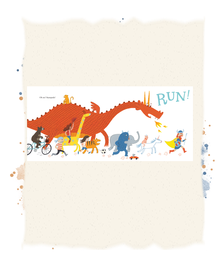 Children and story characters run across the page as a giant dragon swoops above them.