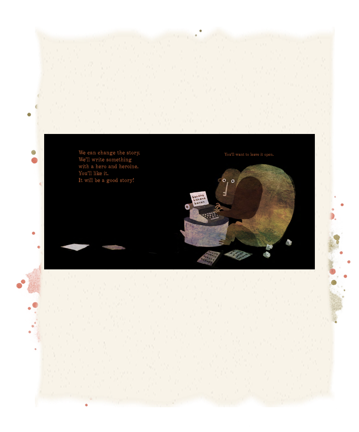 A gorilla types a new story at a typewriter as a monkey offers to change the story for the reader.