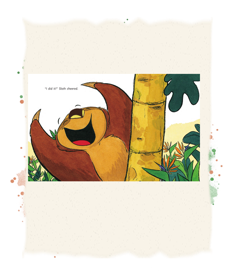 Sloth grins and raises his arms in celebration after taking care of his important business.