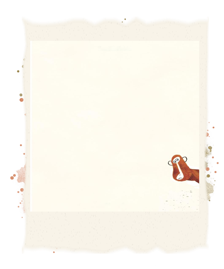 A wide-eyed monkey peeks in from the right edge of an otherwise almost empty cream page.