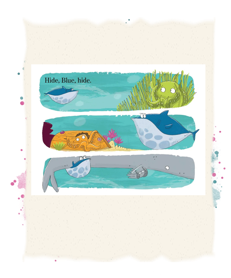 Three panels show Blue changing color to hide in seaweed, near a submarine, and by a whale.